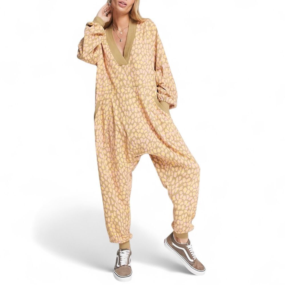 Free People Just Because Oversized Jumpsuit XS Leopard Print